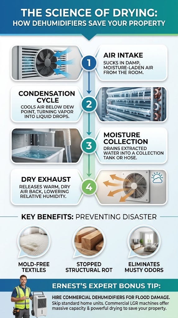 Commercial dehumidifier drying process after water damage in Auckland
