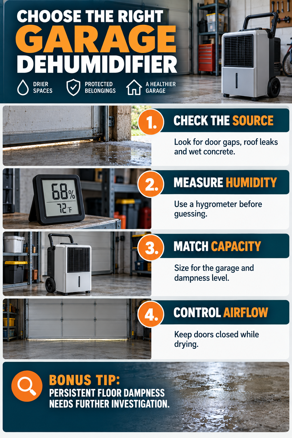 How to choose the right garage dehumidifier infographic