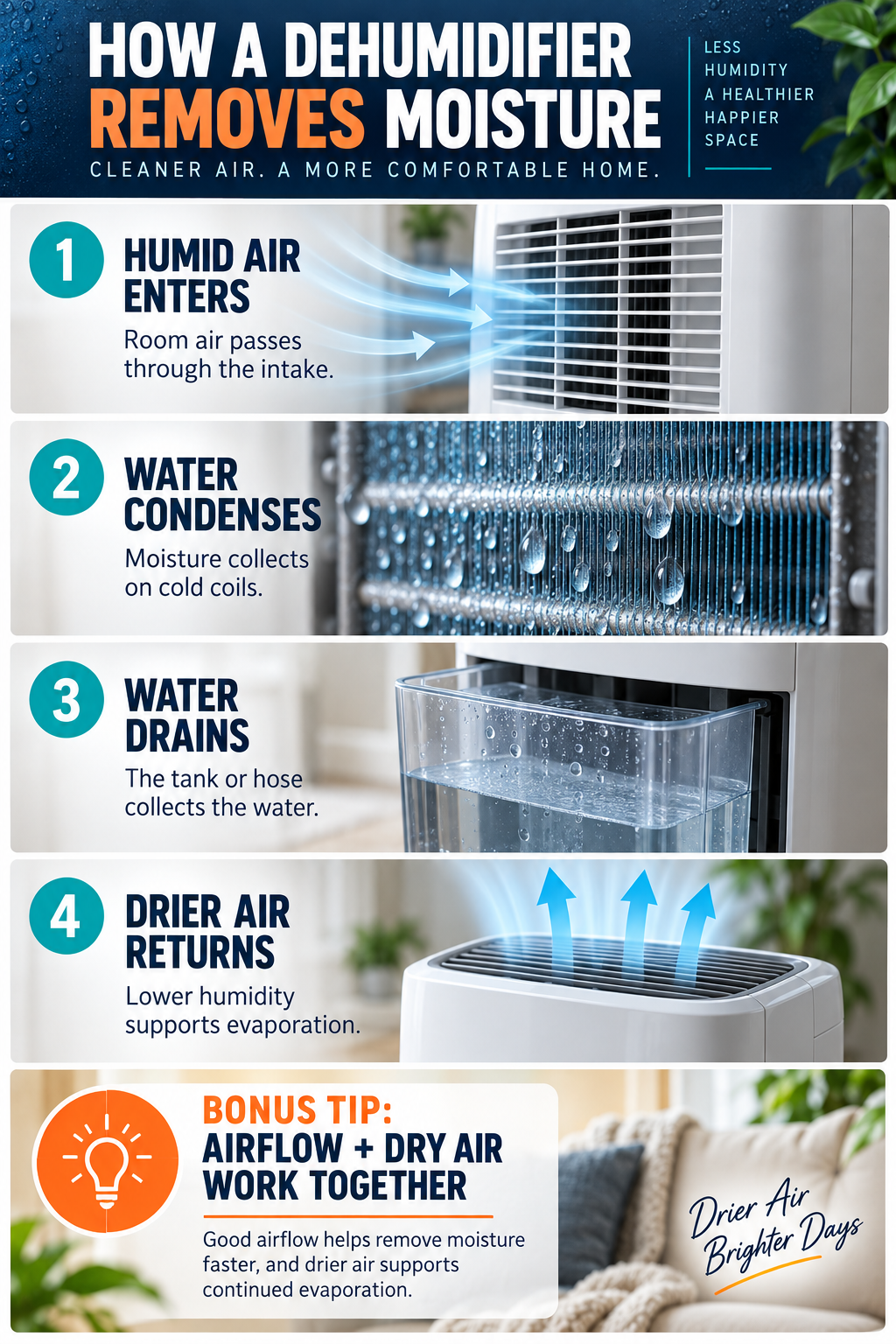 How a dehumidifier removes moisture from room air infographic