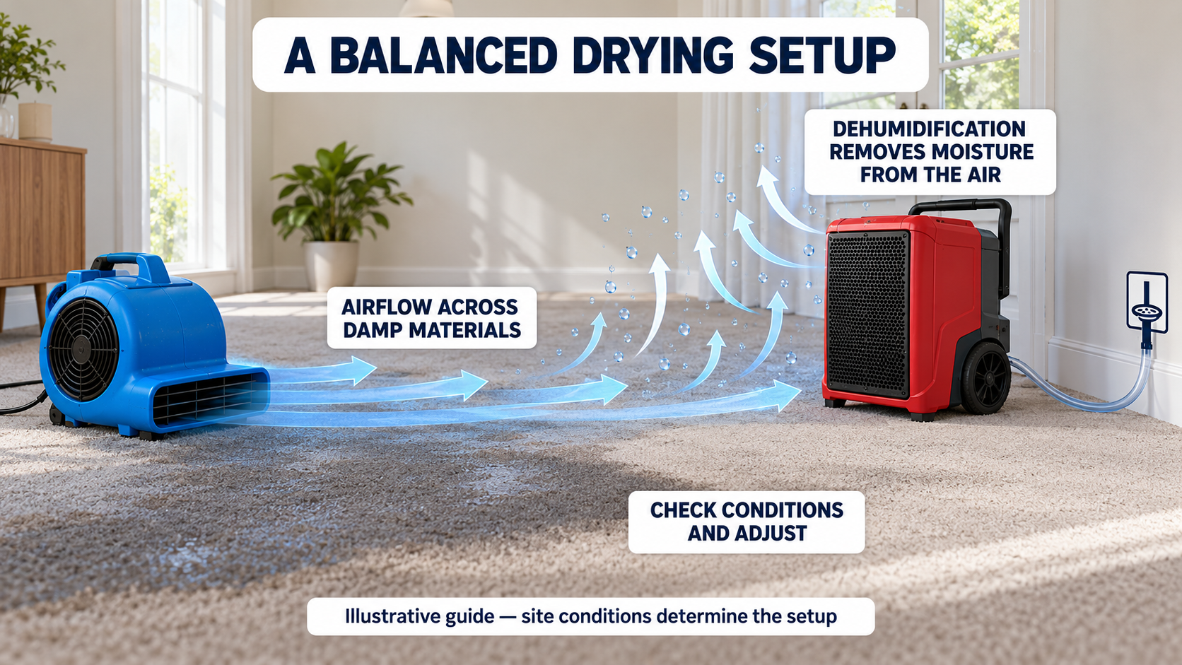 Illustrative balanced drying setup with an air mover directing airflow across damp carpet, water vapour moving through the room, and a commercial dehumidifier removing moisture from the air.
