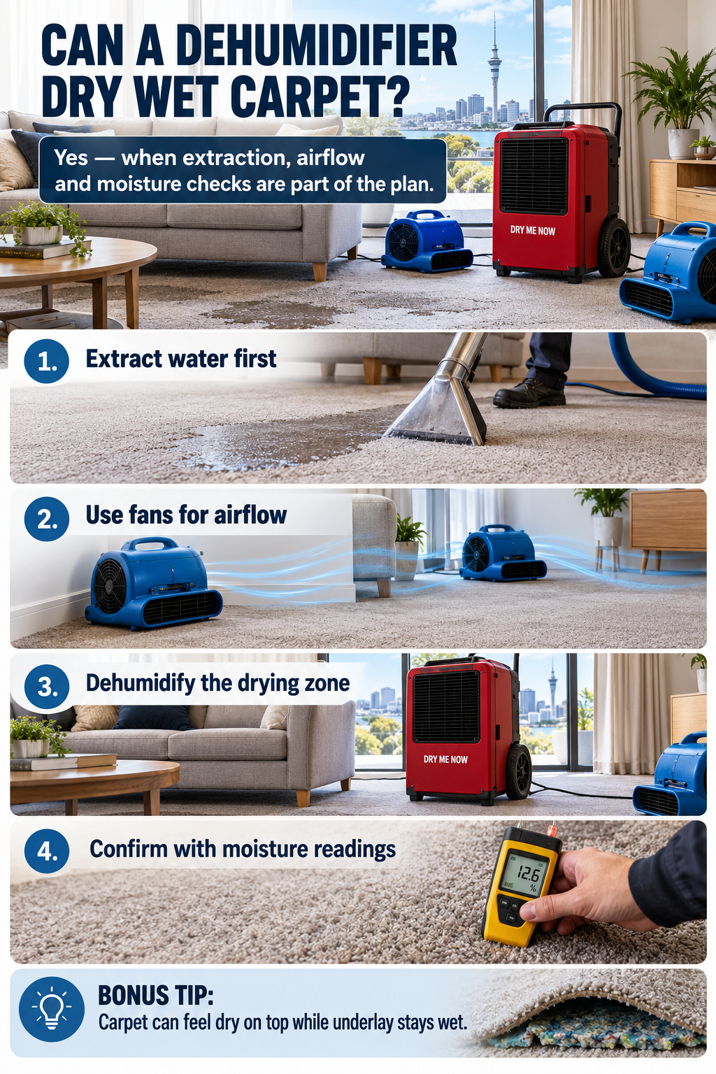 Can a dehumidifier dry wet carpet infographic showing extraction fans dehumidification and moisture checks