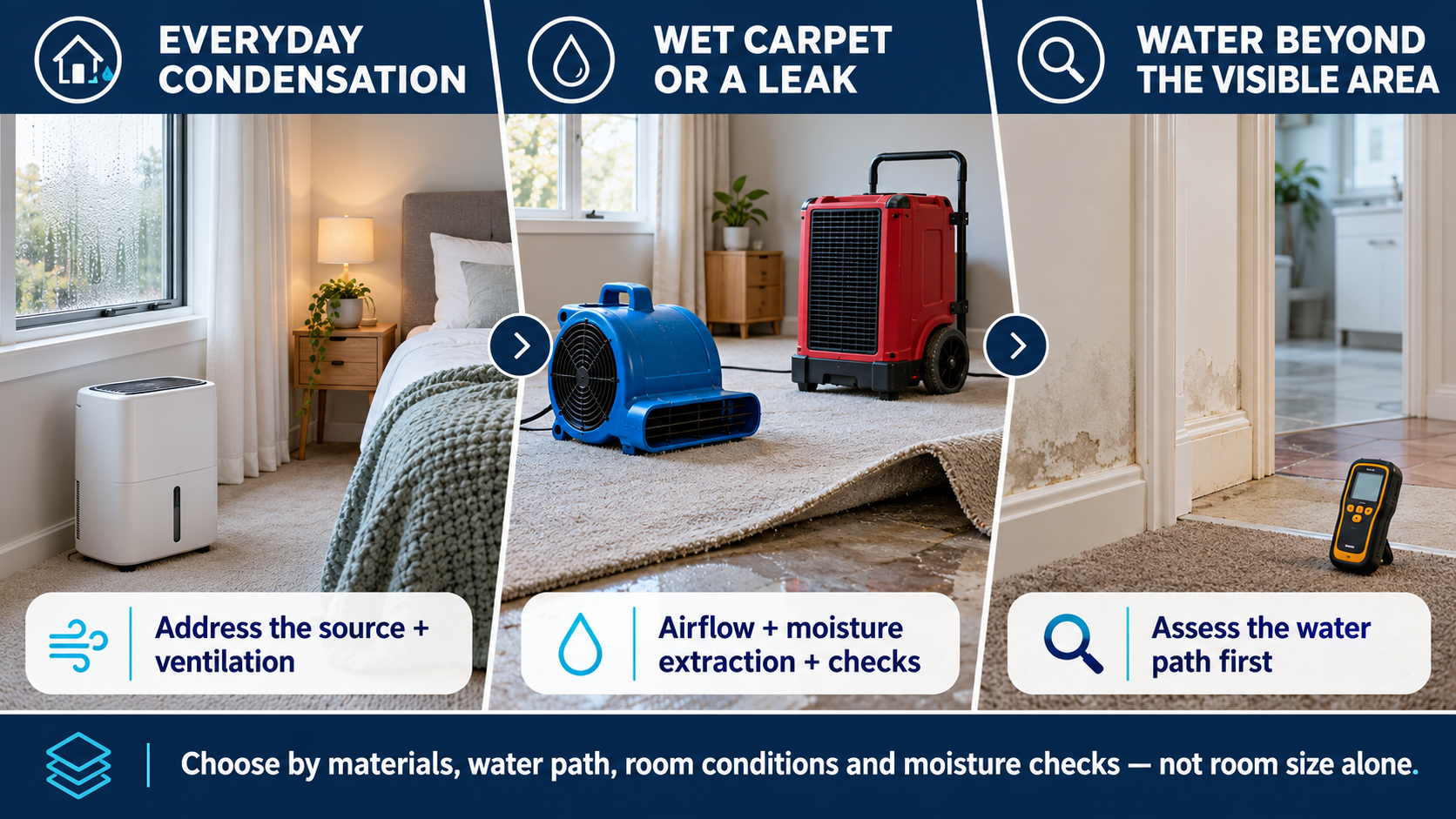 Illustrative guide showing everyday condensation with a domestic dehumidifier, wet carpet or a leak with an air mover and commercial dehumidifier, and water beyond the visible area requiring the water path to be assessed.