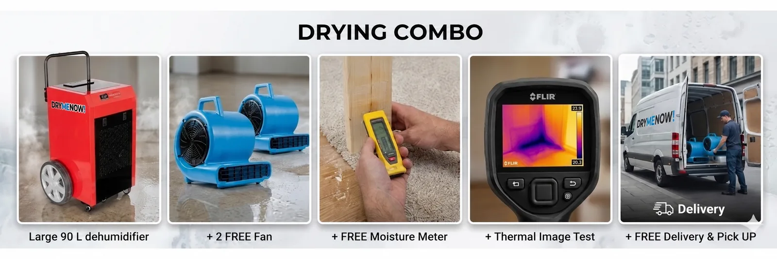 Dry Me Now commercial drying combo with 90L dehumidifier, two drying fans, moisture meter, thermal image test and Auckland delivery