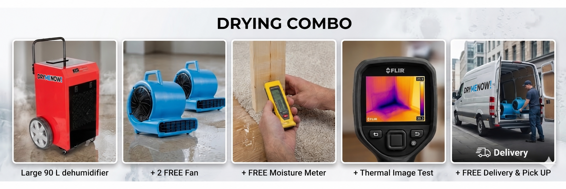 Dry Me Now commercial drying combo with 90L dehumidifier, two drying fans, moisture meter, thermal image test and Auckland delivery