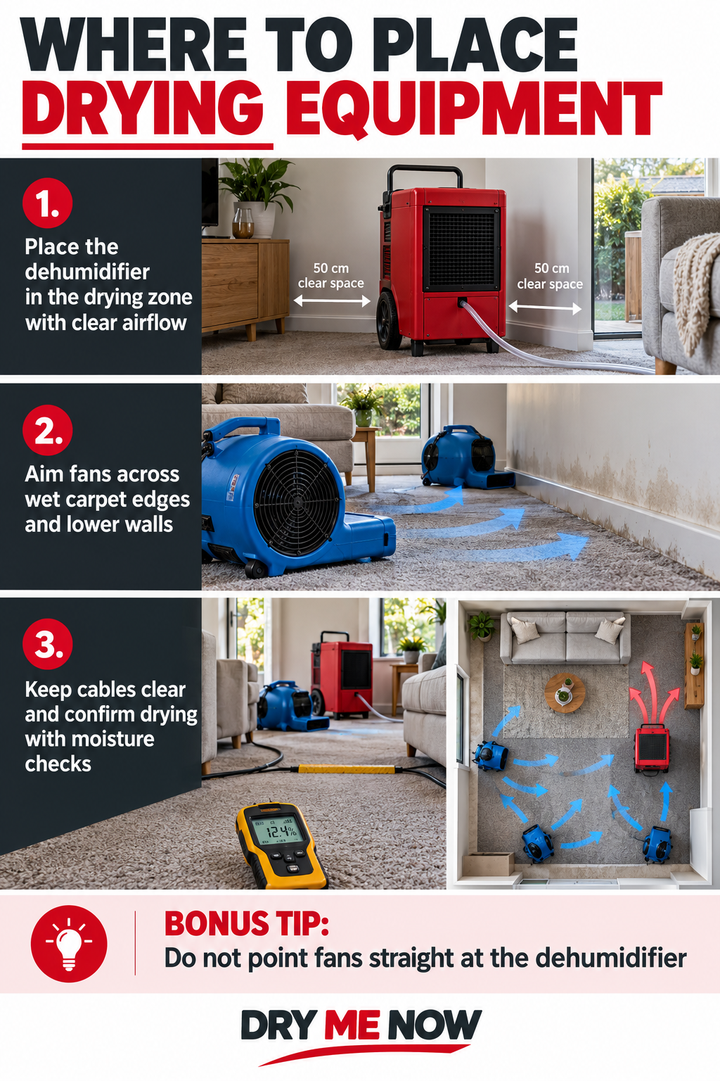 Where to place a commercial dehumidifier and drying fans after water damage