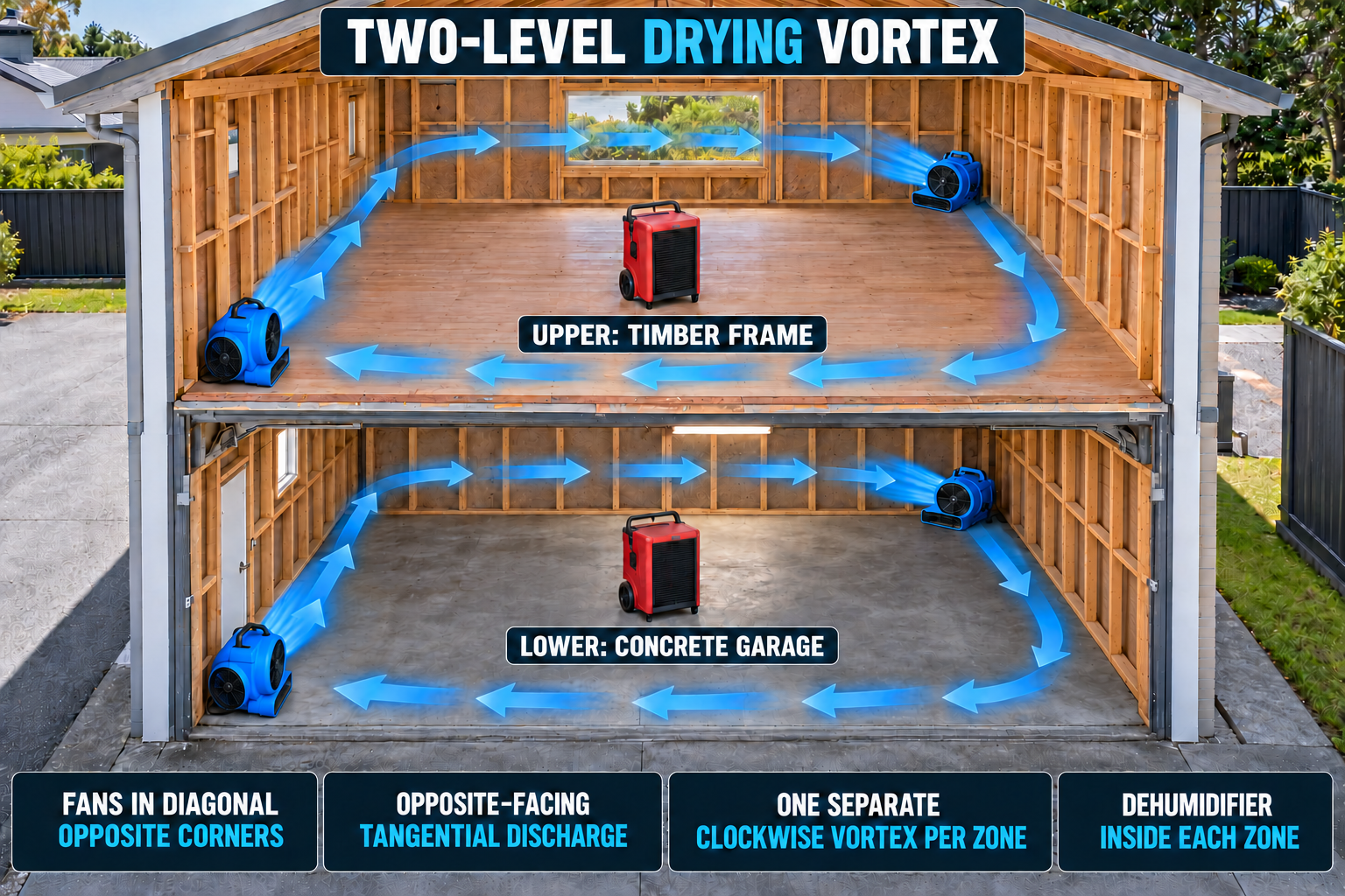 Two-level drying vortex diagram: upper timber frame and lower concrete-floor garage with timber-framed walls, air movers in diagonal corners and dehumidifiers inside each drying zone.