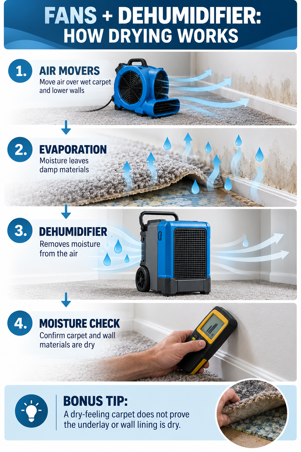 How air movers and a dehumidifier work together to dry wet carpet and lower wall linings