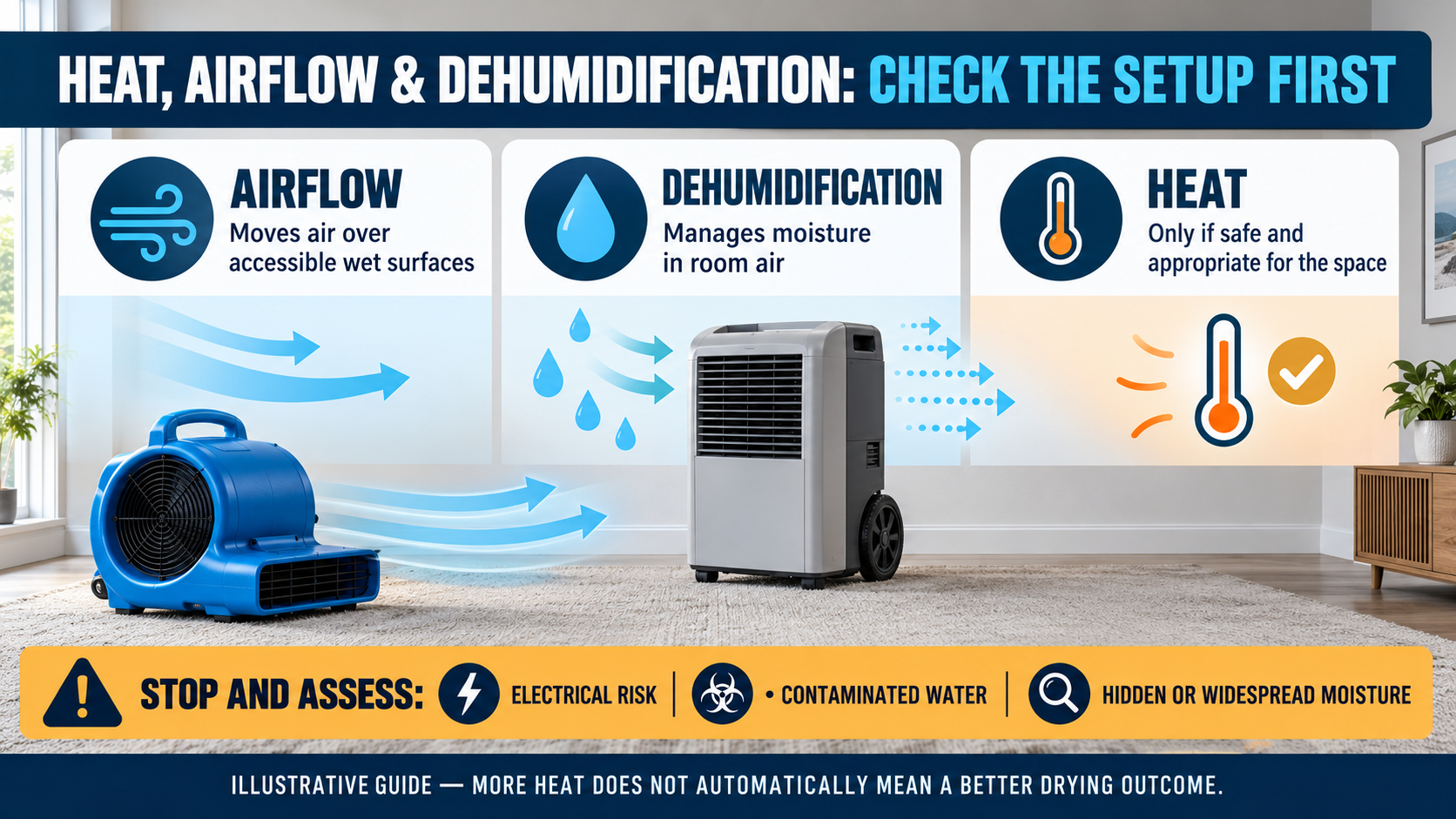 Illustrative guide showing the different roles of airflow, dehumidification and heat in a drying setup.
