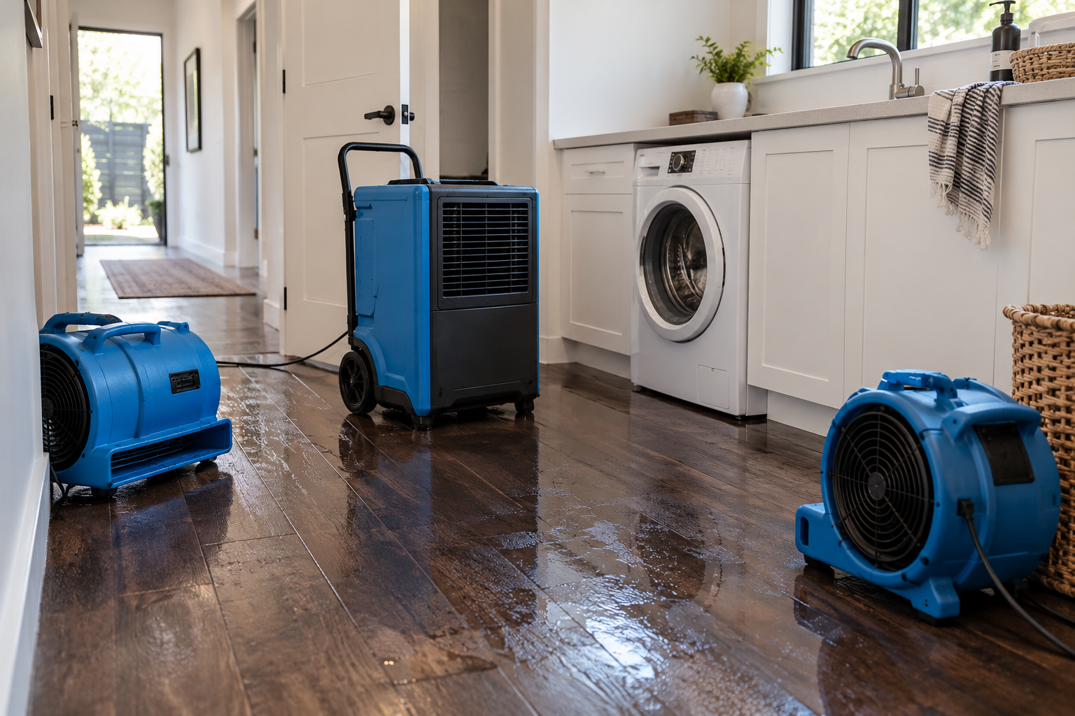Illustrative water-damage drying setup in a laundry with dehumidifier and fans