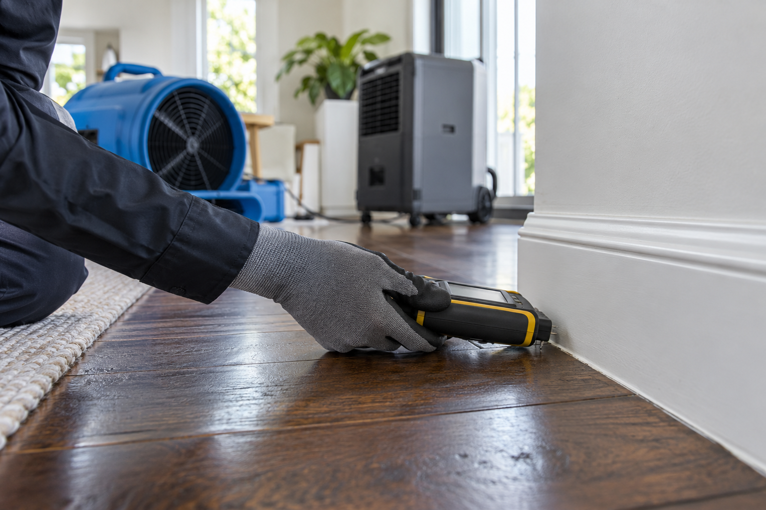 Illustrative moisture-meter inspection at a timber floor edge