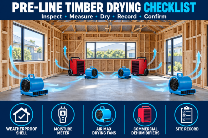 Illustrative NZ pre-line timber drying setup inside a weatherproof house with Air Max fans and commercial dehumidifiers