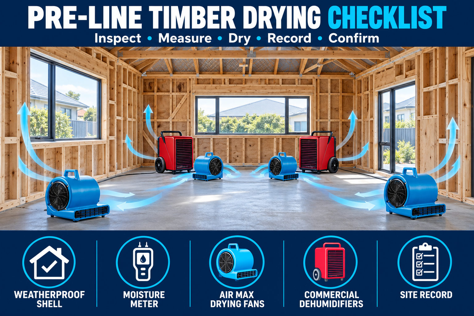 Illustrative NZ pre-line timber drying setup inside a weatherproof house with Air Max fans and commercial dehumidifiers