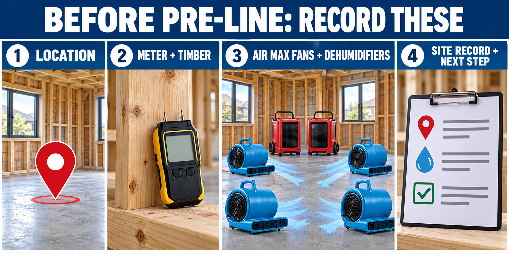 Illustrative pre-line site record checklist: location, meter and timber, Air Max fans and commercial dehumidifiers, then next step