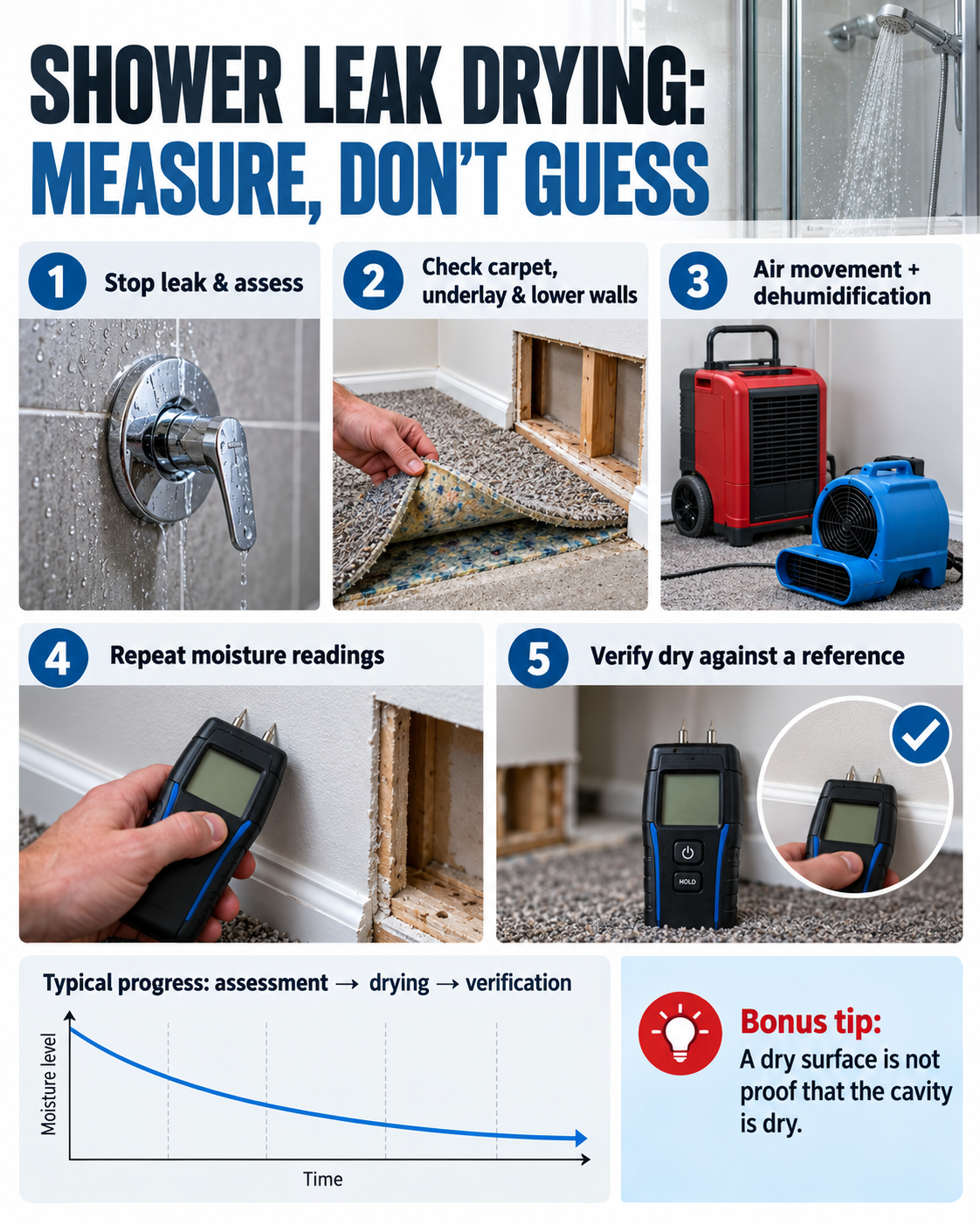 Shower leak carpet and wall drying process infographic showing assessment, dehumidification and moisture monitoring