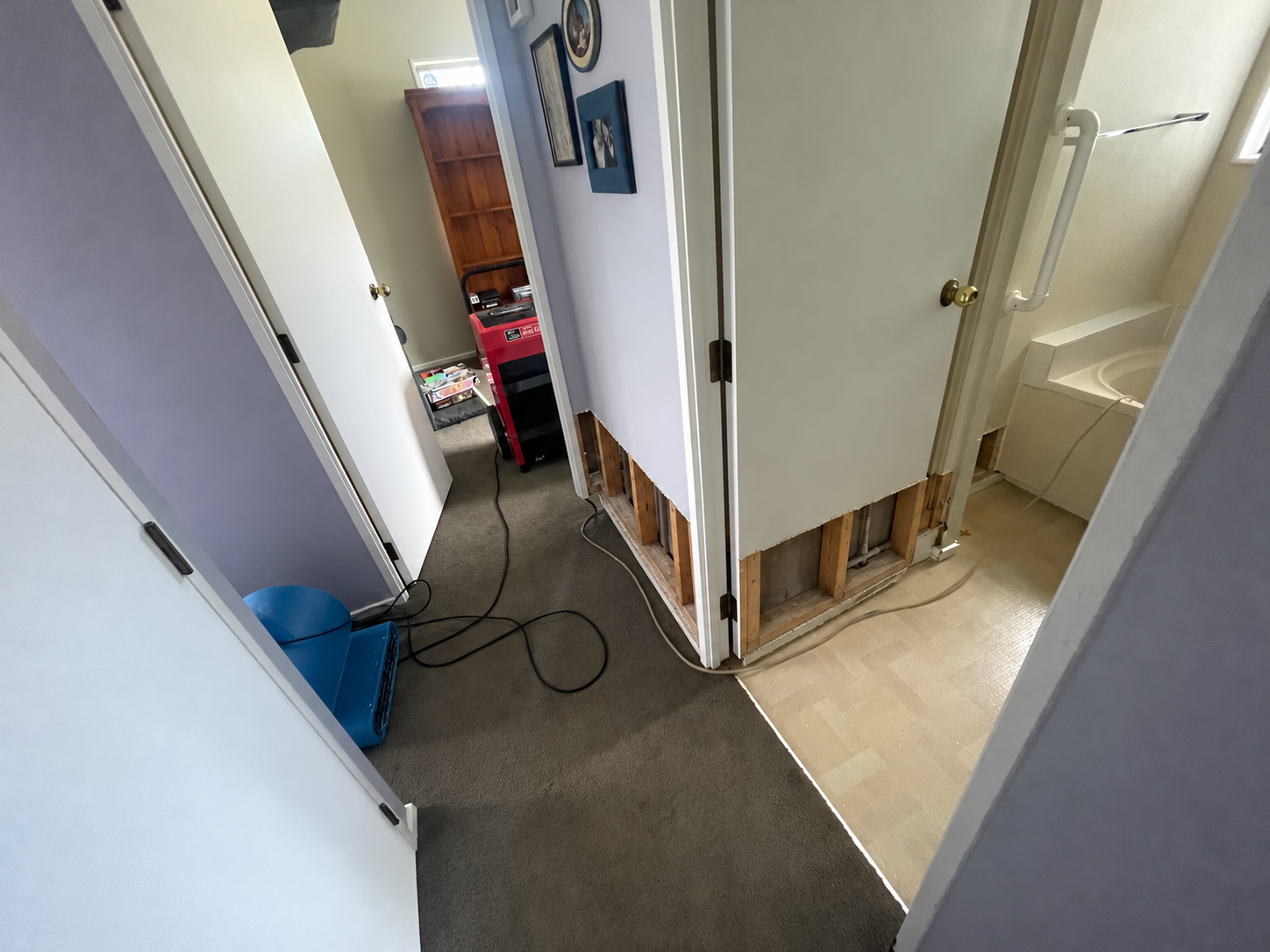 Hallway beside shower doorway with lower GIB inspection opening during water damage drying