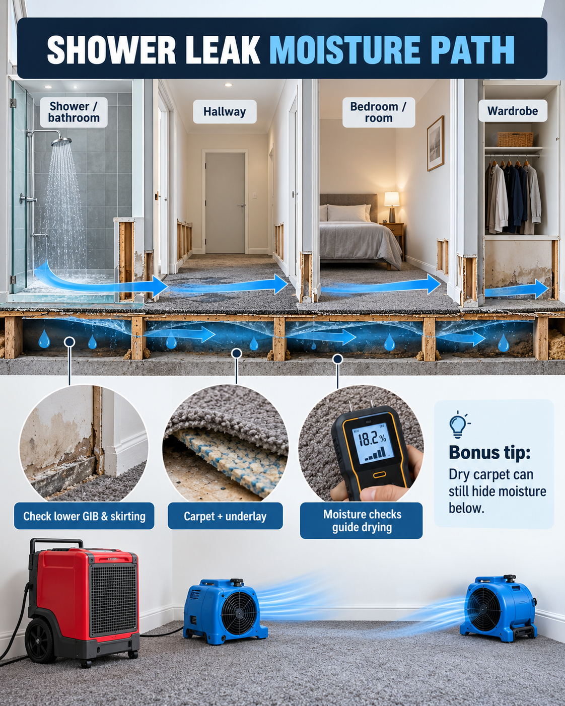 Topical map of a shower leak affecting bathroom, hallway, bedroom and wardrobe carpet and lower walls