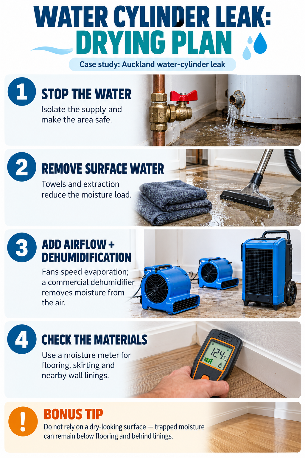 Water-cylinder leak drying plan: stop water, remove surface water, use fans and a commercial dehumidifier, then moisture-test carpet and wall materials