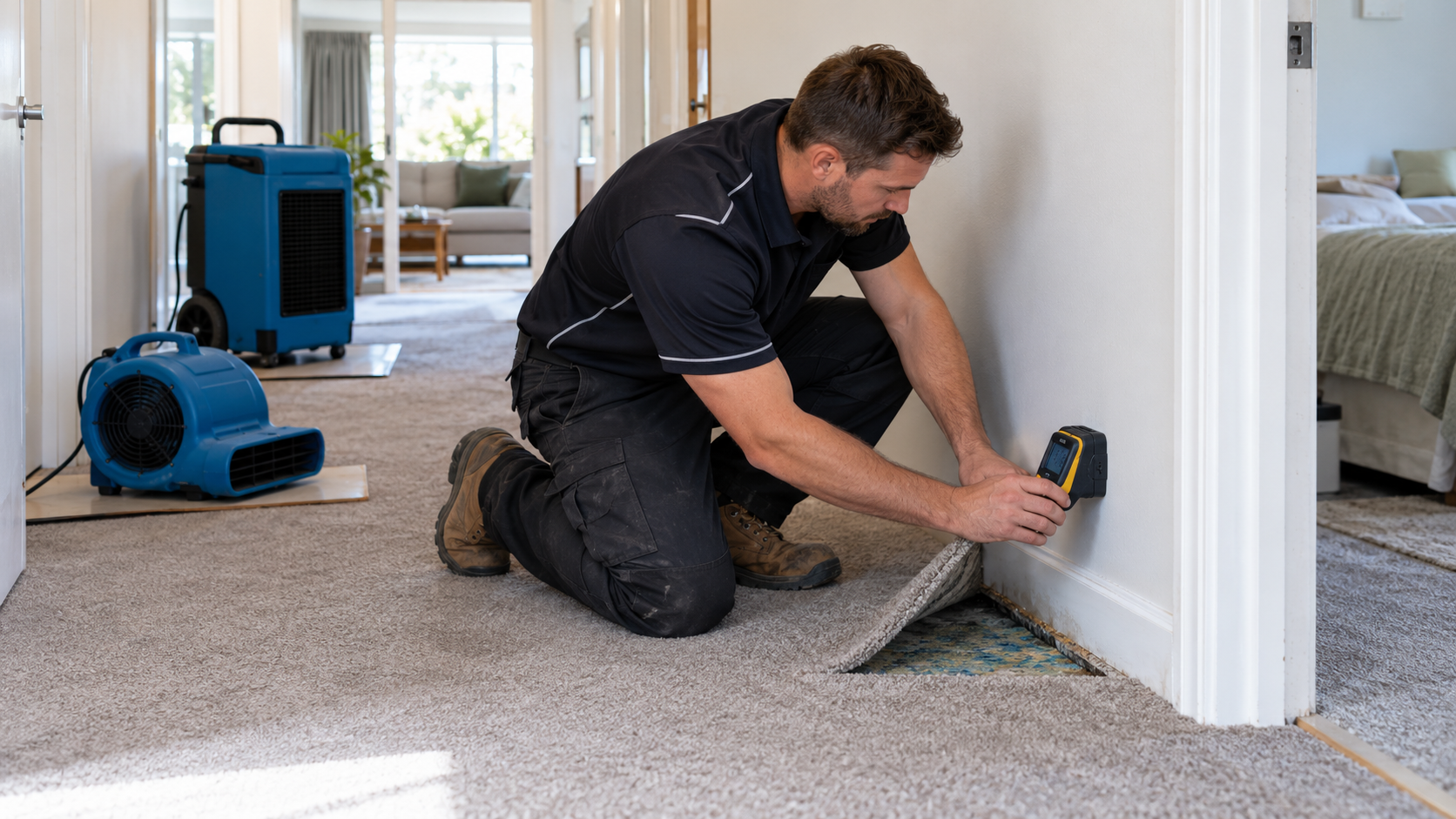 Technician checking moisture in a lower partition wall beside lifted wet carpet and underlay after a water-cylinder leak
