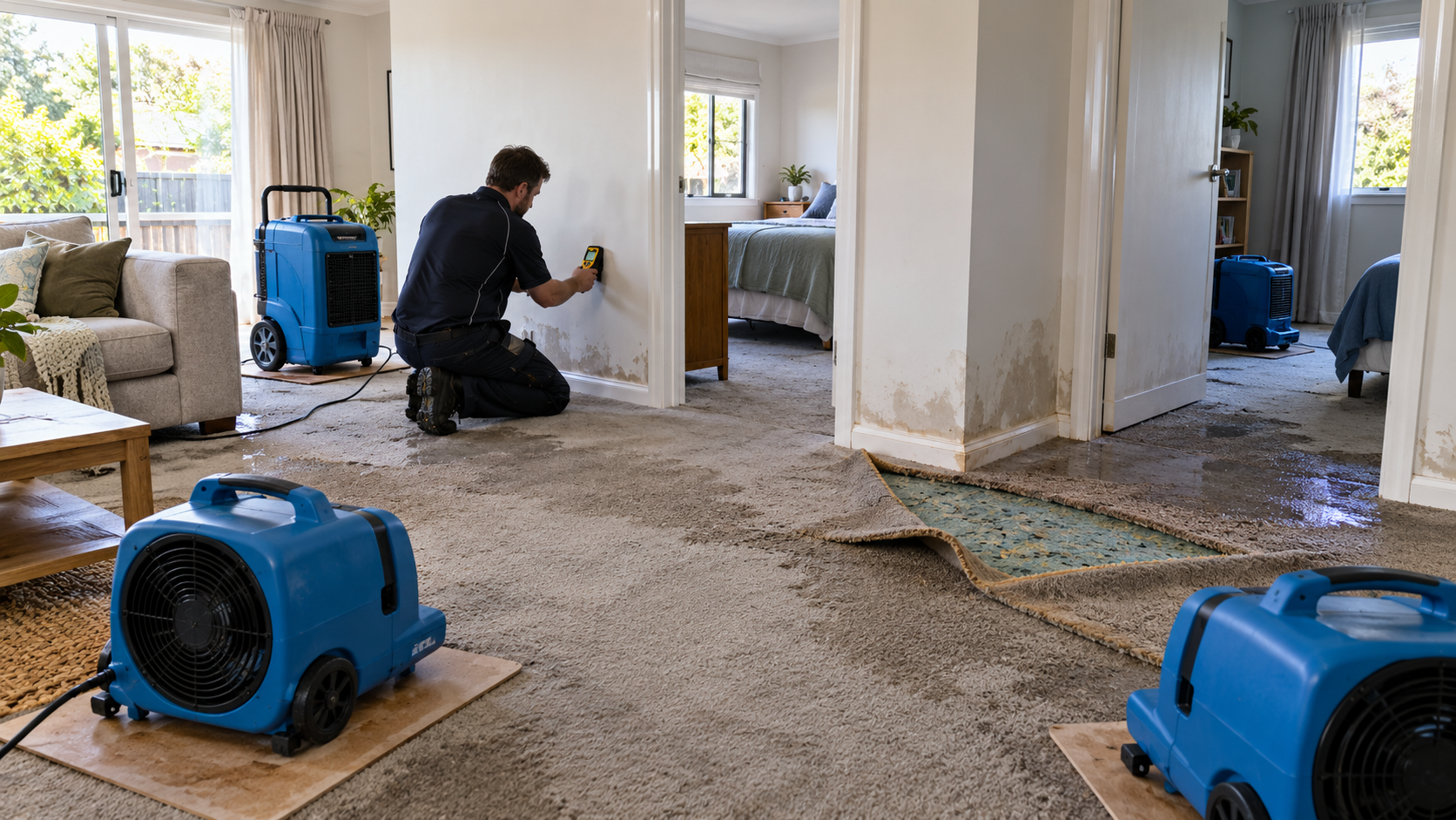 Water-cylinder leak affecting carpet, underlay and lower wall linings across a lounge and adjoining rooms during an Auckland drying assessment