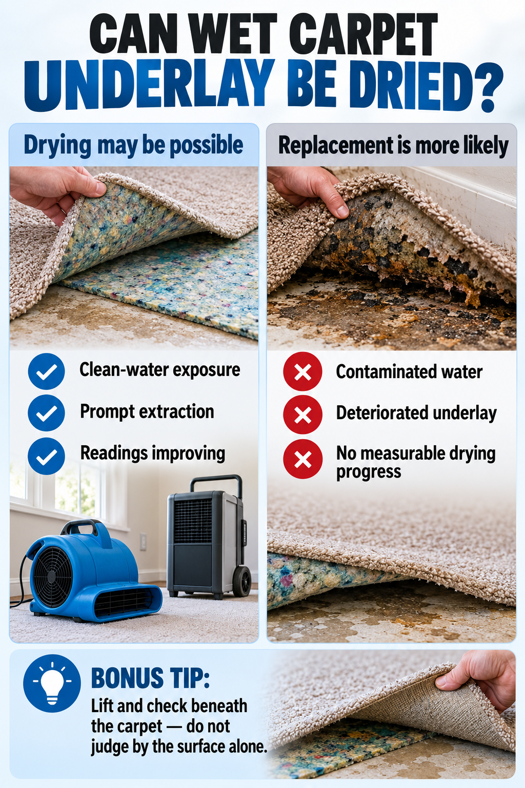 Decision guide for drying or replacing wet carpet underlay