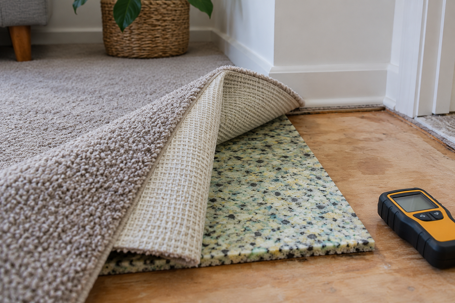 Lifted carpet showing underlay and subfloor during a moisture inspection