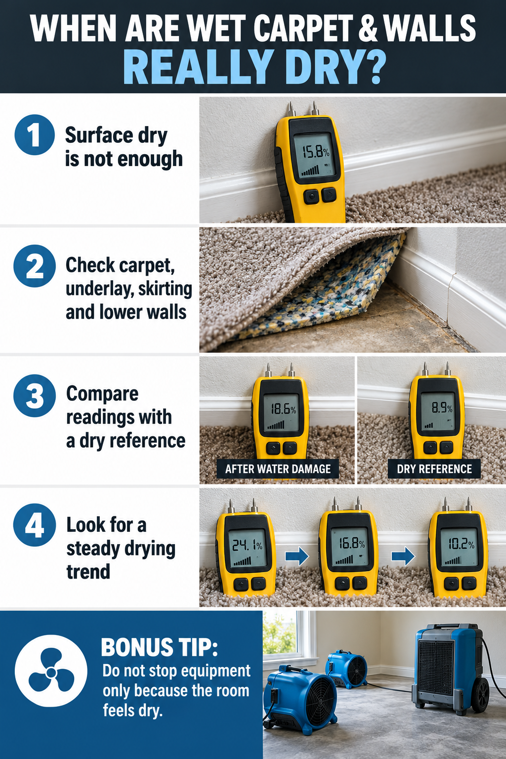 Steps to verify wet carpet and lower walls are dry after water damage
